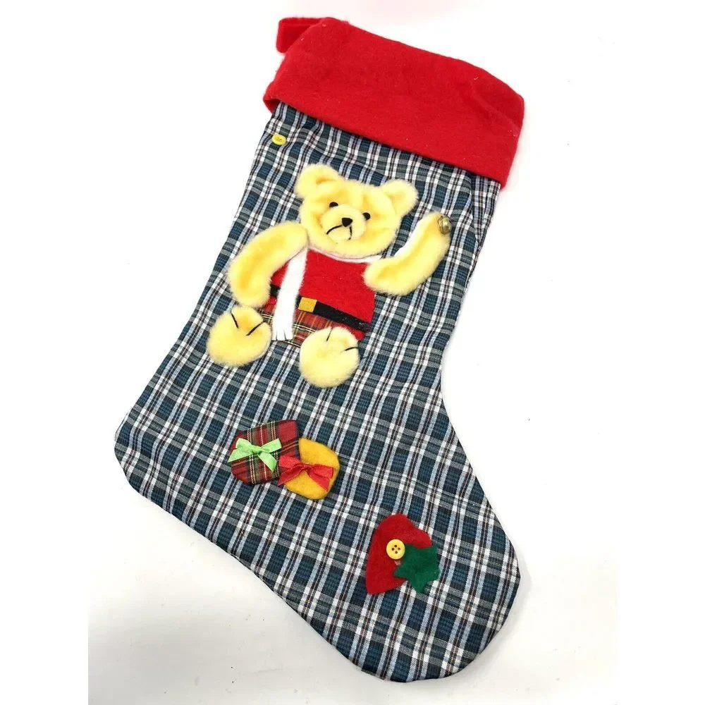 Christmas Stocking Handmade Holiday Red & Green And Teddy Bear Vintage‎
